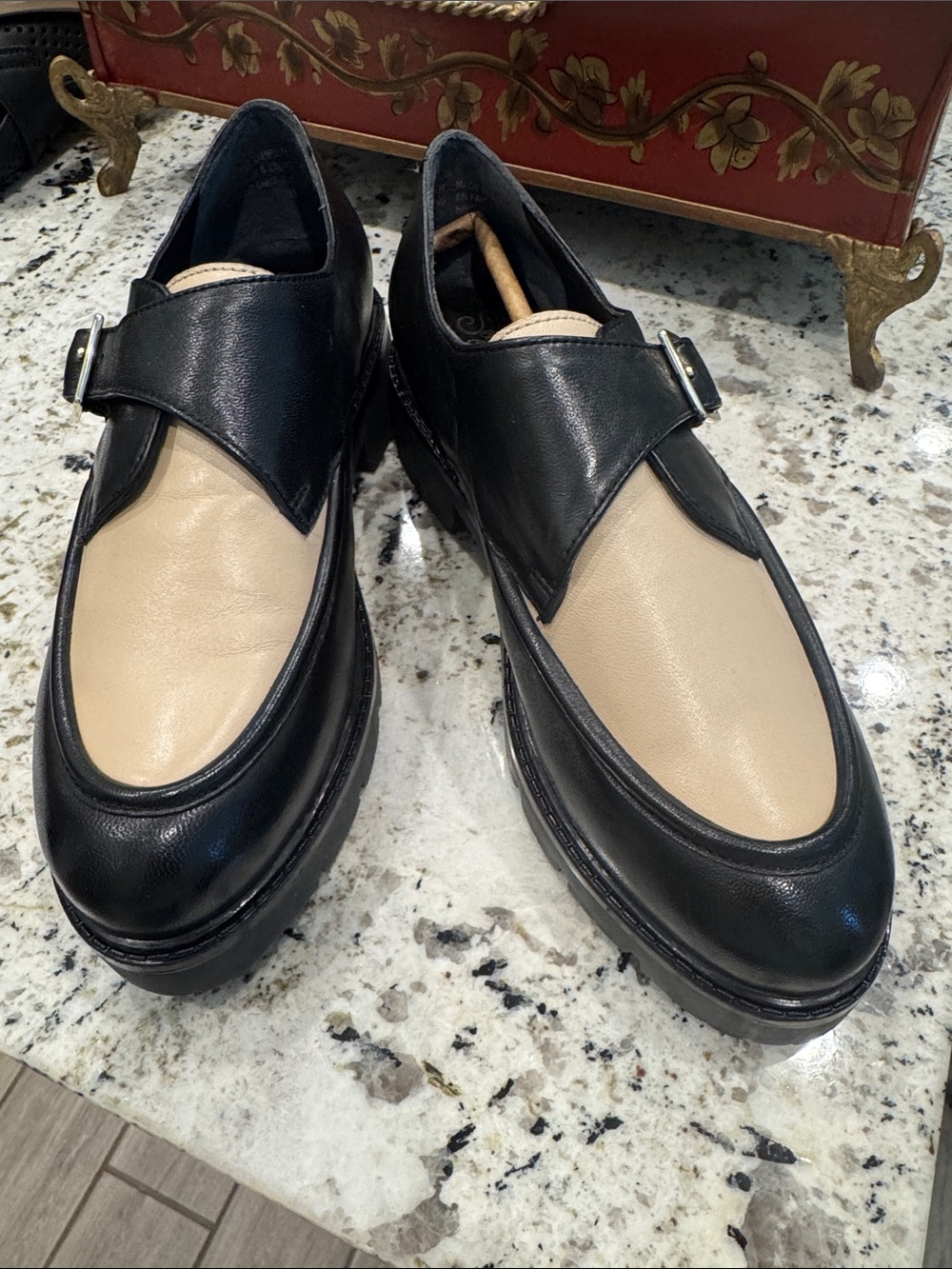 Seychelles Black and Cream Two-Tone Leather Loafers
